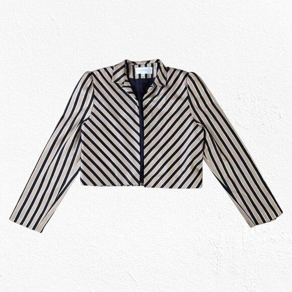 80s Vintage Gold Black Striped Silk Blend Cropped USA Made Power Blazer Size 12 - Picture 1 of 7